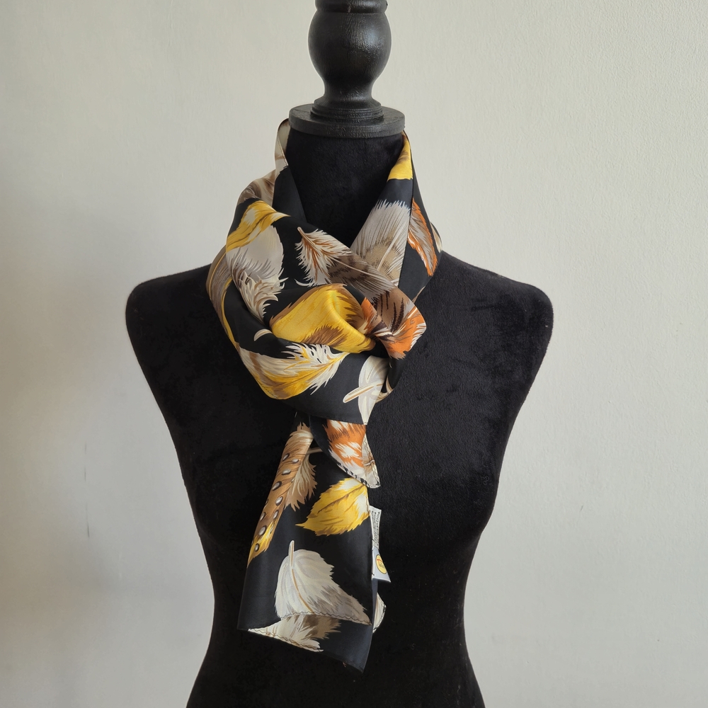 Luxe Talbots 100% Silk Feather Print Scarf - Earthy Bohemian Chic